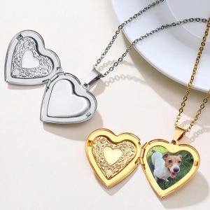 Personalization Name & Photos Locket Necklace, Engrave Text Heart Locket Necklace, Flower Heart Pendant Elegant Jewelry