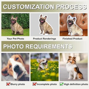 May include: An image detailing the customization process for a pet product. It shows a pet photo, product renderings, and the finished product. Below, photo requirements are listed, including examples of blurry and incomplete photos, and a high-definition photo.