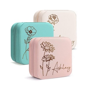 Joyero personalizado con nombre y flor de nacimiento, organizador portátil de joyas, expositor para pendientes, anillos, collares y regalos para damas de honor.