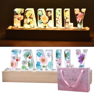 Lámpara de resina con letras, 6 unidades, hecha a mano, con flores secas y prensadas, para decoración del hogar, regalo, lámpara de noche con carga USB