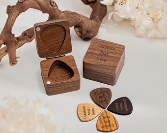 Personalized Guitar Wood Box with Pick, Engraved Text Music Pick Holder
