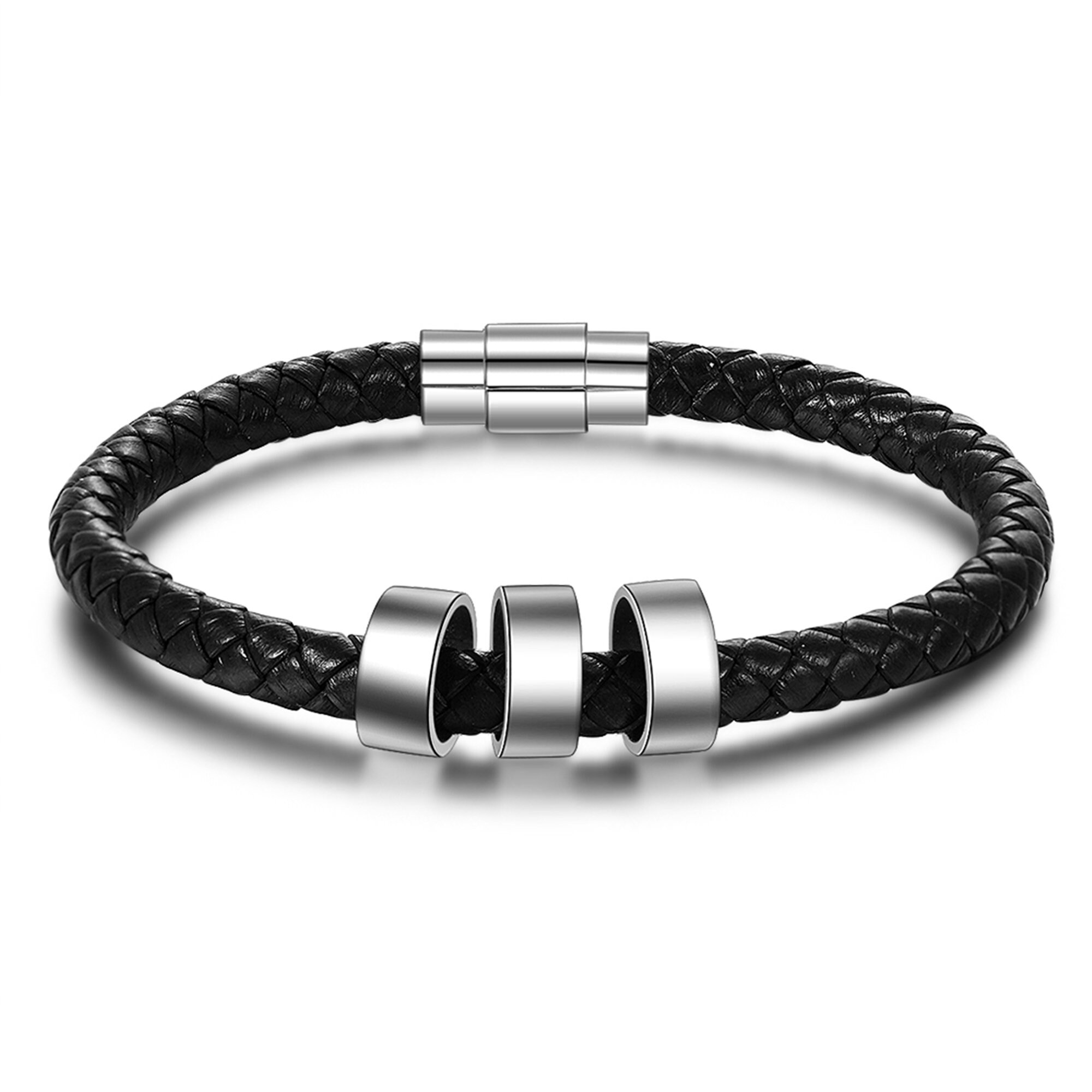 Zysta Bracciale Uomo In Pelle Con Anelli Di Nome Personalizzate, Braccialetto Rigido A Corda Multistrato Personalizzato Incisione Iniziali, ID Bracciale Identificativo Cuoio Inciso (2 Beads Argento - Foto 13