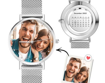 Montre personnalisée avec photo et calendrier, montre-cadeau avec bracelet milanais, mariage, impression 3D, montre photo, cadeau pour homme, cadeau d'anniversaire