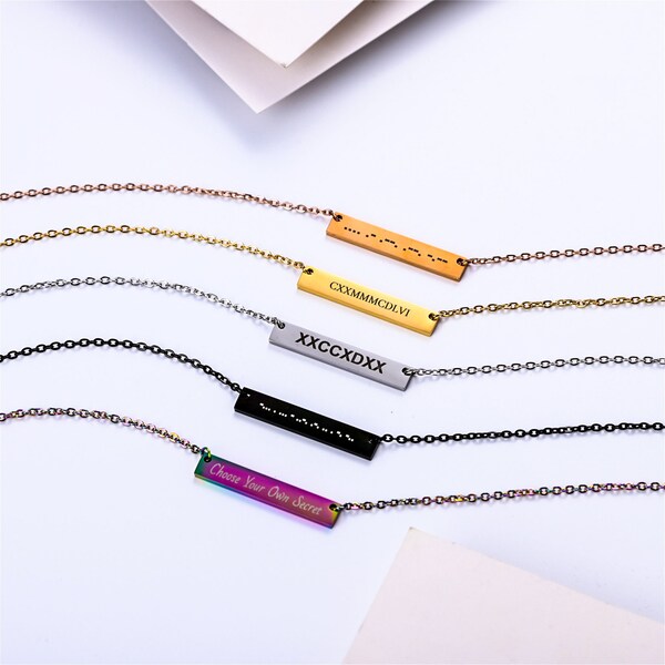 Personalized Morse Code Horizontal Bar Necklace Custom  • Choose Your Own Secret Message • Pendant Engrave Necklace