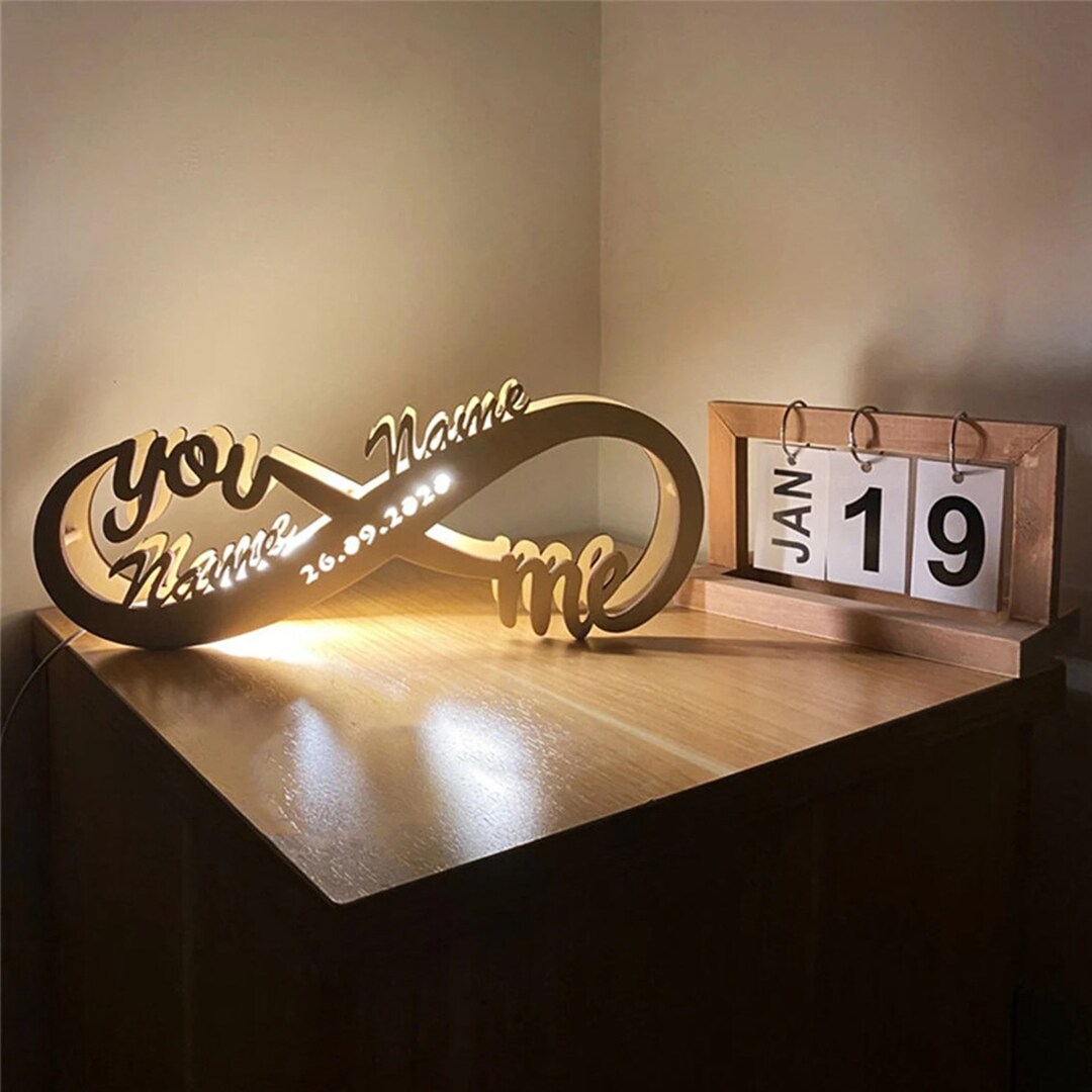 Personalized Infinity I Love You USB LED Night Light Custom Couple Name and Date Wooden Wall ...