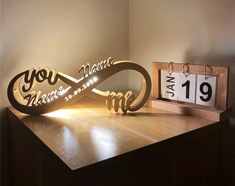 Personalized Infinity I Love You USB LED Night Light Custom Couple Name and Date Wooden Wall Lamp for Home Bedroom Wedding Decor