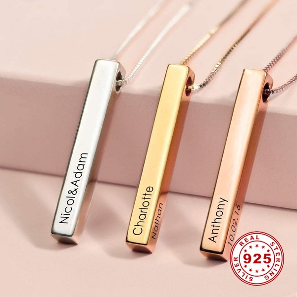 925 Sterling Silver 3D Vertical Bar Necklace Engraved Personalized Bar Name Monogram Pendant Necklace Wedding Bridesmaid Gift