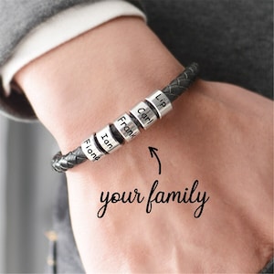 Pulsera de cuero personalizada para hombre con 1-9 cuentas de nombres nombres de familia personalizados pulseras de hebilla magnética de cuerda negra para hombres y mujeres