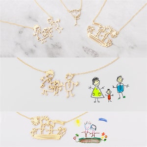 パーソナライズされた子供用グラフィティネックレス。実際の子供の絵のネックレス。母親への贈り物に最適な幼児用アートワークネックレス。
