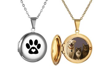 Personalization 2 Photos Necklace, Engrave Paw Pendant with Pictures, Custom Pet Image & Text Locket Necklace