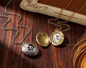 Personalization 2 Photos Locket Necklace, Engrave Paw Pendant with Pictures, Custom Pet Image Inside Openable Necklace
