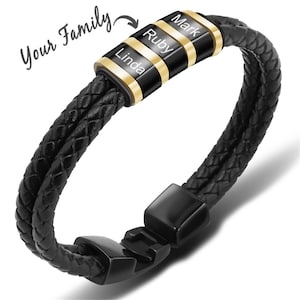 Pulsera personalizada con nombres de familia para hombre, con letras grabadas, cuentas, cuerda trenzada de cuero, brazaletes para novio y papá.
