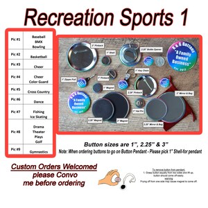 May include: Assortment of round buttons in various sizes, including 1 inch, 2.25 inches, and 3 inches. The buttons are black, white, and silver with different designs, including a bottle opener, a key chain, a mirror, and a magnet. The buttons are displayed on a wooden surface with a red bag in the background. The text "K&G Buttons" and "A Family Owned Business" is visible on one of the buttons.