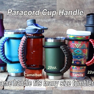 Paracord Cup Handle. Made with 550 Paracord & Bungee Shock Cord. Fits 20-32 oz Yeti, HydroFlask, Tervis, CamelBak fits tumblers