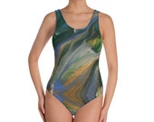 One-Piece Swimsuit - Marble Blue Green Gold