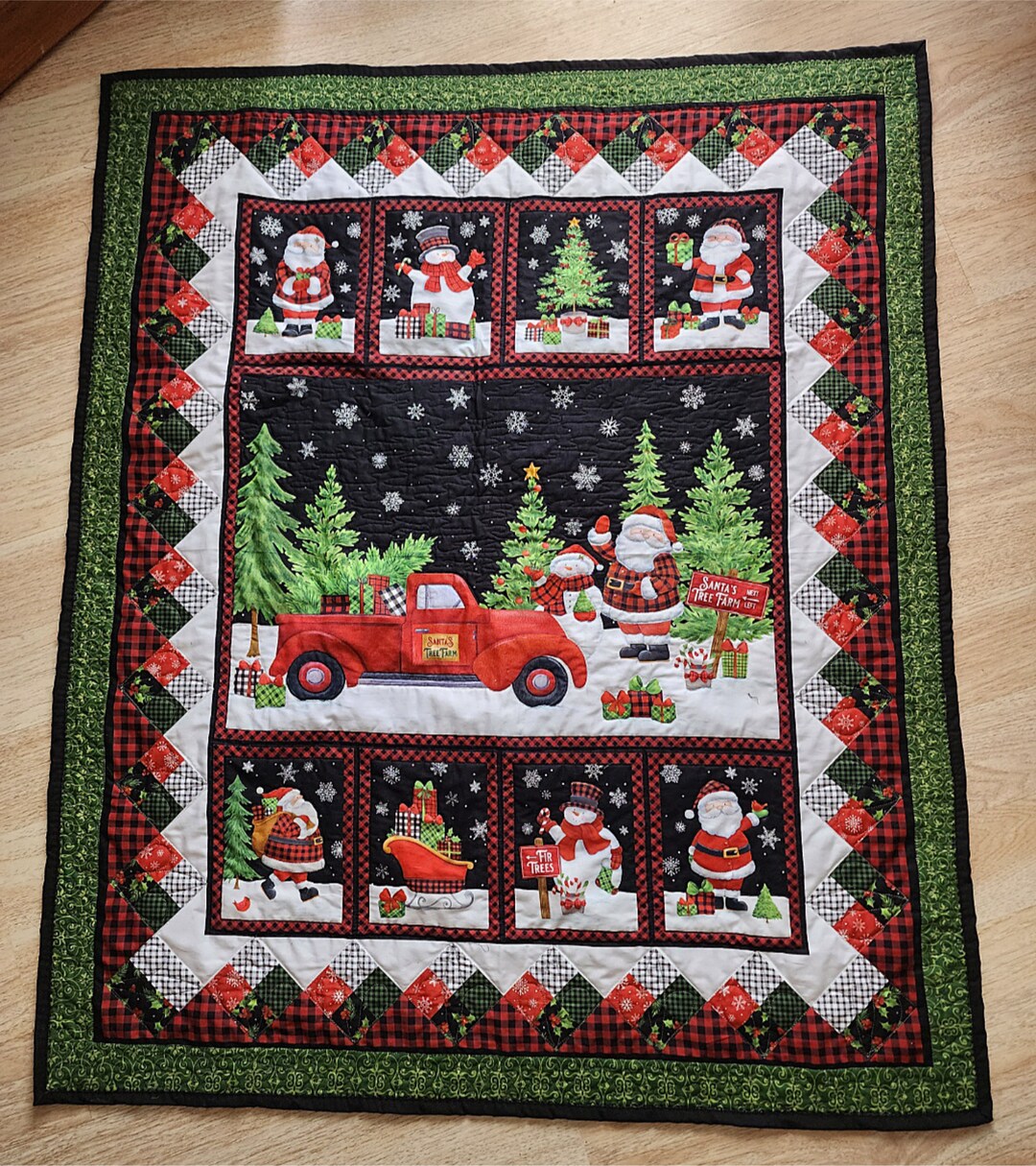 Santas Tree Farm Wall Quilt. Santa With His Red Truck and Friends
