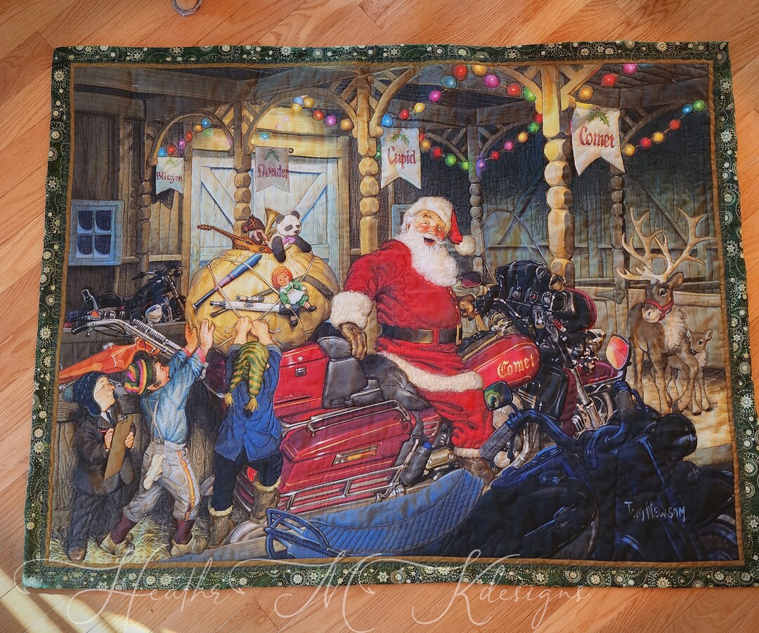Santa's Motorcycle Quilt Christmas Quilt for Etsy