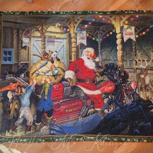 Motorcycle Santa&#39;s  workshop quilt; Christmas quilt gift for Motorcyclist enthusiasts;