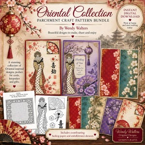 May include: A digital craft pattern bundle titled Oriental Collection by Wendy Walters featuring illustrations of figures in traditional attire, folding fans, cherry blossoms, lanterns, and text including Thinking of You and Wishing You Peace, Joy and Happiness.