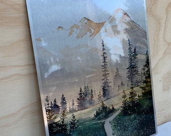 Mt. Rainier Summer, Watercolor, 8&quot;x10&quot; - Silver Gloss Metal Print