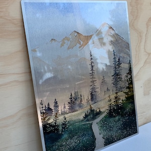 Mt. Rainier Summer, aquarelle, 20 x 10 po. - Impression métal argenté brillant