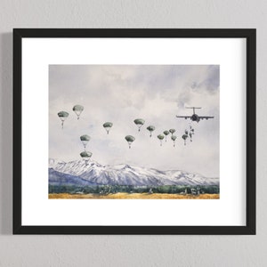 Airborne over Malemute Giclée Print, Military Art, Army Paratroopers in Action
