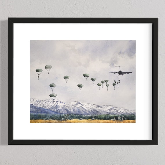 Airborne over Malemute Giclée Print, Military Art, Army Paratroopers in Action