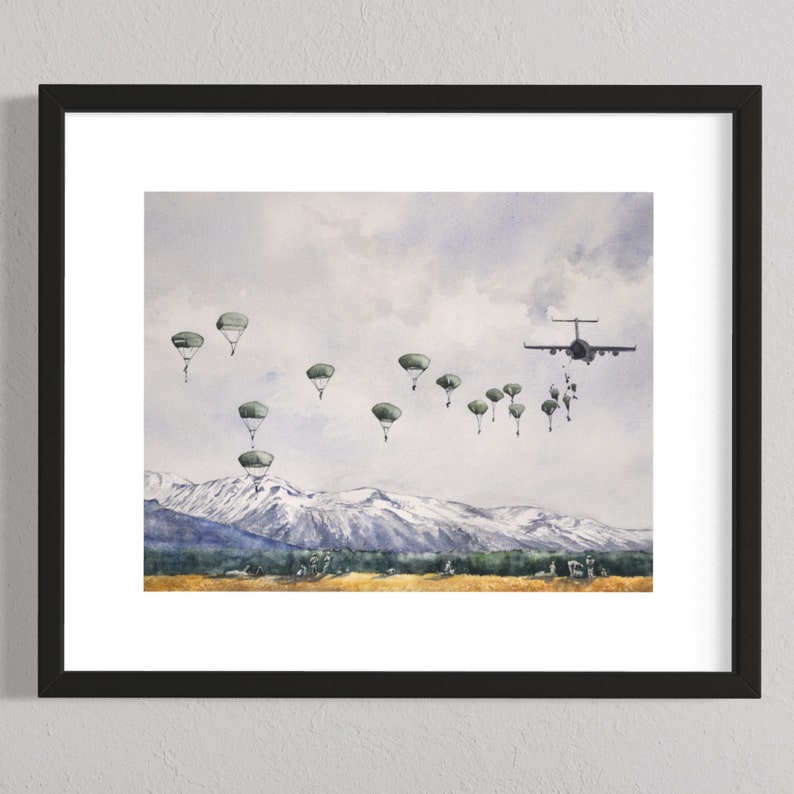 May include: A watercolor painting depicting a military aircraft dropping paratroopers from the sky. The plane is flying over a snowy mountain range. The paratroopers are descending with their parachutes open. The sky is a light blue with white clouds.