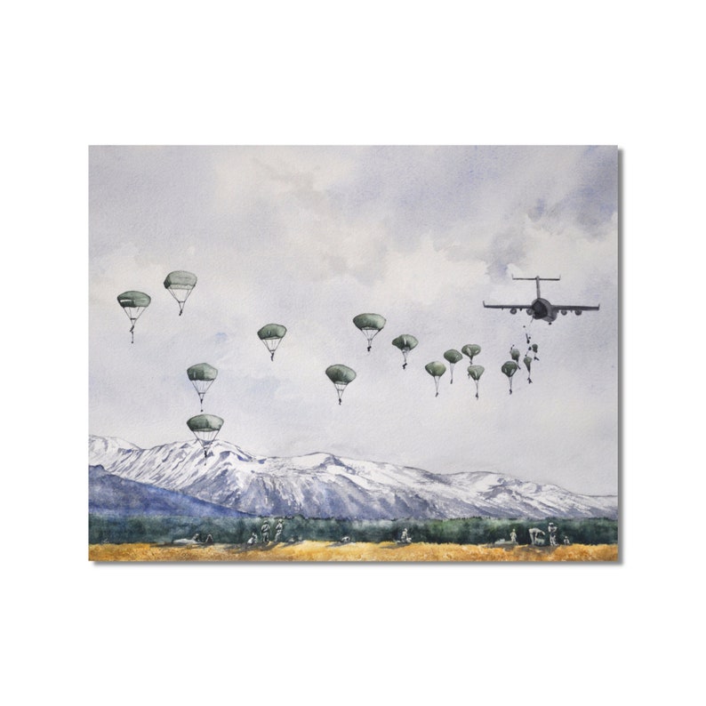 May include: A watercolor painting of a military aircraft dropping paratroopers over a snowy mountain range. The aircraft is flying high in the sky, and the paratroopers are descending under their parachutes. The scene is painted in a realistic style, with a focus on the details of the aircraft and the paratroopers.