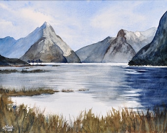 Nueva Zelanda, Milford Sound - Impresión giclée en acuarela