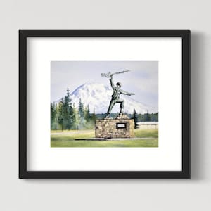May include: A watercolor painting of a bronze statue of a soldier holding a rifle, standing on a stone base. The statue is in front of a mountain with snow on the top.