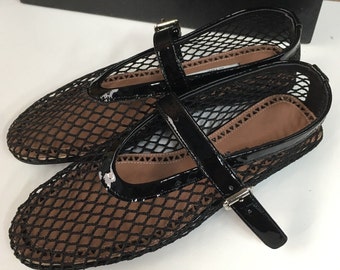 Hoge kwaliteit zwarte visnet flats, ballet flats voor vrouwen, mesh flats, lederen platte schoenen voor dames, mode schoenen, zomerschoenen, cadeau voor haar