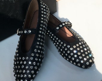 High quality Black Diamond Studded Ballet Flats Shoes Ballerinas Shoes, Shiny Flat Shoes, Pointed Toe Flats, Rivet Flat shoes, Gift For Her