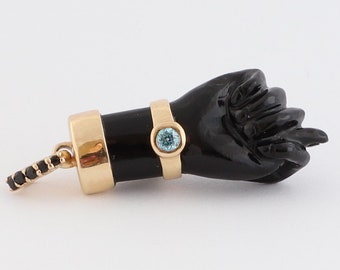 Mano Figa Pendant, Black Onyx Gemstone Figa Hand Carved with Blue Diamond and 14k Yellow Gold, Mano Fica, Fig, Womens 14k Figa, Figa Pendant