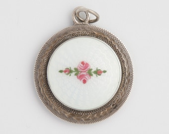 Guilloche Enamel Pendant, Antique enamel guilloche rose silver pendant, Antique rose silver pendant, Antique rose medallion in silver