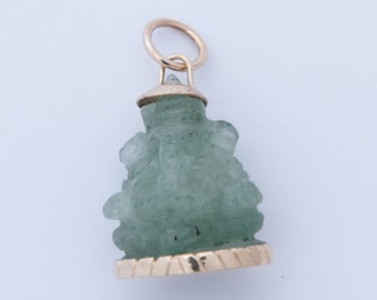 Moss Agate Ganesh Pendant, Tiny Hand Carved Moss Agate Seated Ganesh Set in 18k Yellow Gold Pendant, Protection Amulet, Talisman Charm
