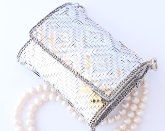 Woven Silver Micro Bag, Hand Woven Sterling Silver Crossbody Purse with Real Pearl Strap, Night Out Mini Bag, Mini Evening Bag, Silver Pearl