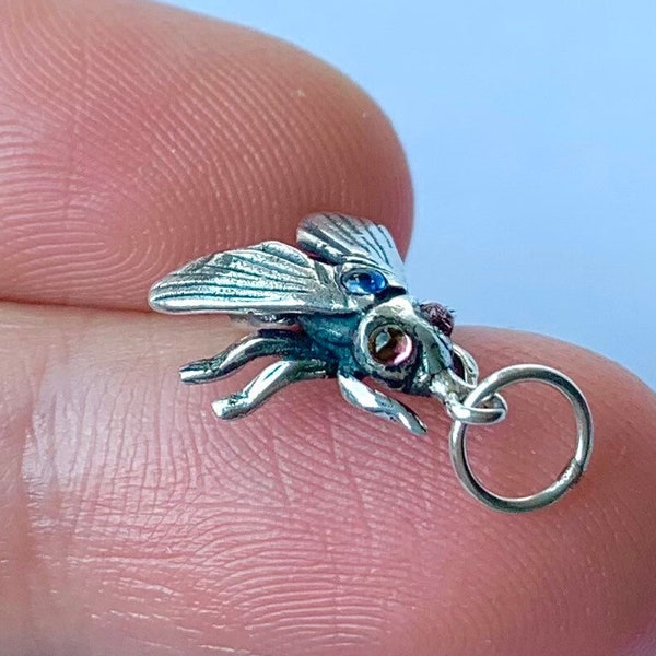 Gemstone Housefly Charm, Sterling Silver Housefly Charm with Sapphire Moonstone and Tourmaline Gems, Tiny Talisman Charm, Symbolism Charm