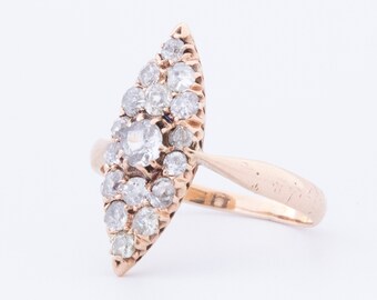 Edwardian Diamond Ring, Antique Edwardian Mine Cut Diamond Navette Ring in 14k Rose Gold, Antique Diamond Cluster Ring, Edwardian Gold  Ring