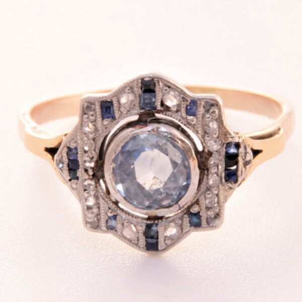 Art Deco 14k gold topaz, diamond and sapphire ring / Art deco engagement ring / Art Deco Ring / topaz ring / unique Art Deco engagement Ring