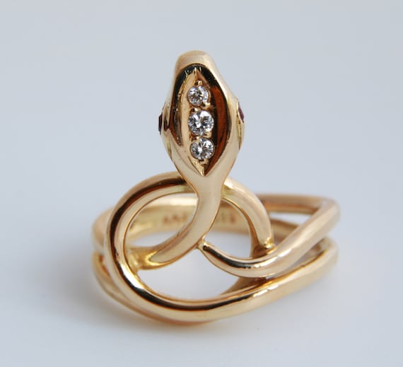 Diamond Snake Ring, Art Deco Snake Ring in 14k Yel