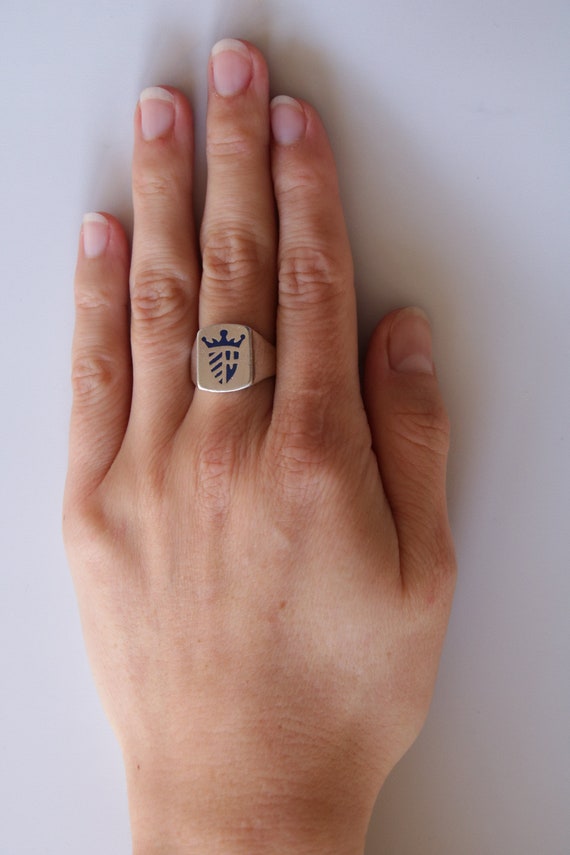 Enamel Signet ring, Vintage Crowned Crest Unisex … - image 10