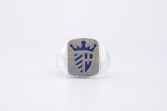 Enamel Signet ring, Vintage Crowned Crest Unisex S