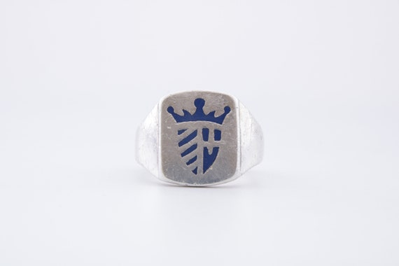 Enamel Signet ring, Vintage Crowned Crest Unisex … - image 3