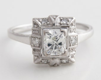 Art Deco Engagement Ring, Antique Etched Diamond Ring in14k White Gold With Cushion Cut VS Diamond, Cushion Cut Solitaire, Art Deco Ring