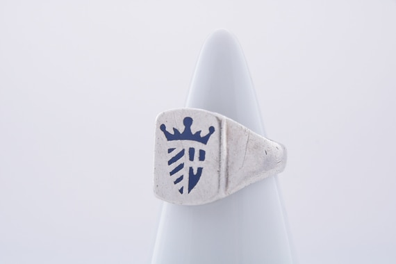 Enamel Signet ring, Vintage Crowned Crest Unisex … - image 1