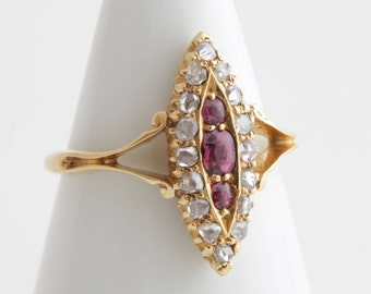 Ruby and Diamond Ring, Antique English Victorian Ruby & 18k Yellow Gold Hallmarked Engagement Ring, Rose Cut Diamond, Bohemian Navette Ring