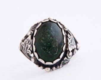 Green Goldstone Ring, Vintage Green Goldstone and Sterling Silver Ring, Green Goldstone Ring with Ornate Silver Setting, Healing Goldstone