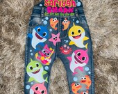 GLITTER Baby Shark OVERALLS Doo Doo Doo Birthday Overalls Custom Denim Birthday oUtfiT
