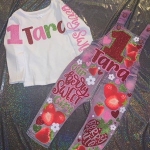 Berry Sweet Berry Cute Strawberry birthday outfit Sweet One Two Sweet OVERALLS Birthday Overalls Custom Denim BirthdAy Outfit